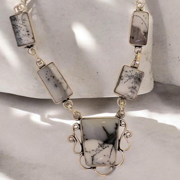 Dendritic Opal Sterling Silver Necklace, 20 Inch Handmade Statement Jewelry - Picture 1 of 10